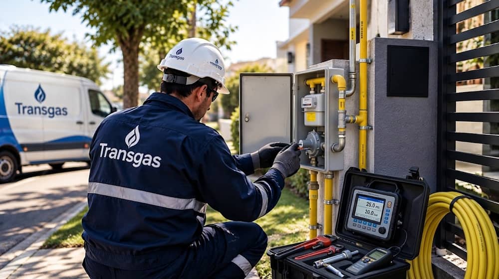 Técnico de Transgas con casco y uniforme revisando un medidor de gas con cañerías amarillas, junto a una camioneta de la empresa